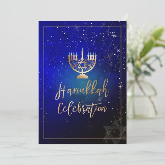PixDezines Hanukkah Celebration, Fun Script Schrif Einladung (Stehend Vorderseite)