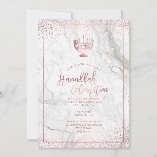 PixDezines Hanukkah Feier, Rose Gold+Marmor Einladung (Rückseite)