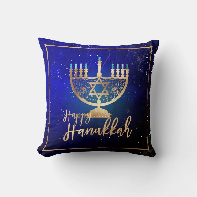 PixDezines Happy Hanukkah|Temple Menorah Kissen (Vorderseite)