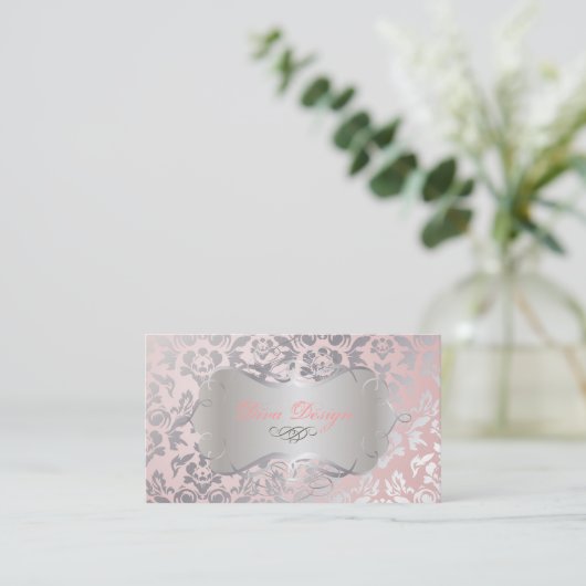 PixDezines Haute Coutour Damask, Imitat Silver Visitenkarte (Stehend Vorderseite)