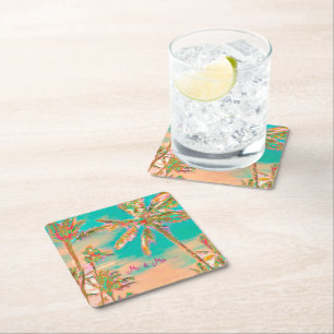 PixDezines Hawaiianische Vintage-Strand/ Türkis Rechteckiger Pappuntersetzer