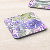 PixDezines Hawaiischer Dschungel Lila Grüner Blatt Getränkeuntersetzer (Linke Seite)