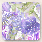 PixDezines Hawaiischer Dschungel Lila Grüner Blatt Getränkeuntersetzer (Vorderseite)