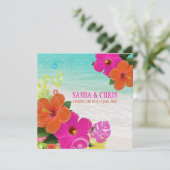 PixDezines heißen Pink+orange Hibiskus+Monstera Einladung (Stehend Vorderseite)