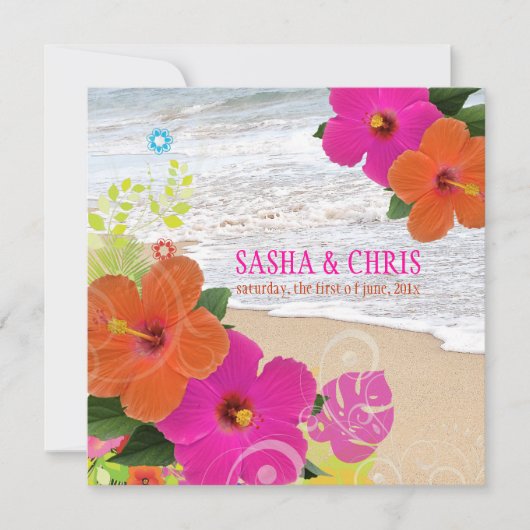 PixDezines heißen rosa+orange Hibiskus+monstera Einladung (Vorderseite)