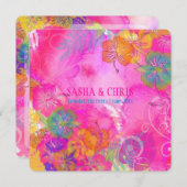 PixDezines heißen rosa+orange Hibiskus+monstera Einladung (Vorne/Hinten)