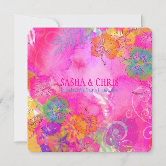 PixDezines heißen rosa+orange Hibiskus+monstera Einladung (Vorderseite)