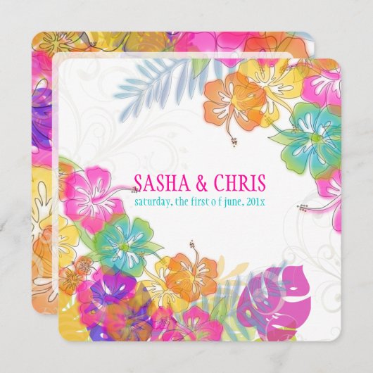 PixDezines heißen rosa+orange Hibiskus+monstera Einladung (Vorne/Hinten)