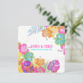 PixDezines heißen rosa+orange Hibiskus+monstera Einladung (Stehend Vorderseite)