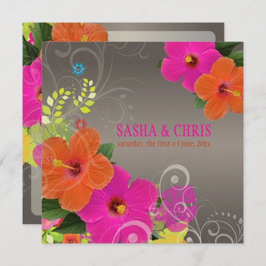 PixDezines heißen rosa+orange Hibiskus+monstera Einladung (Vorne/Hinten)