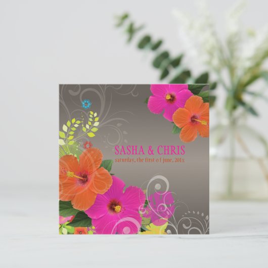 PixDezines heißen rosa+orange Hibiskus+monstera Einladung (Stehend Vorderseite)