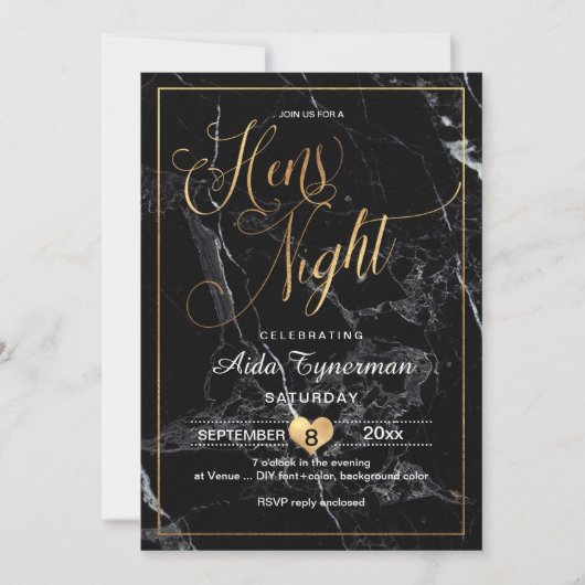 PixDezines Hens Night Imitats Gold Script+Marble Einladung (Vorderseite)