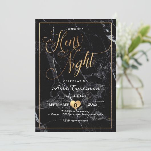 PixDezines Hens Night Imitats Gold Script+Marble Einladung (Stehend Vorderseite)