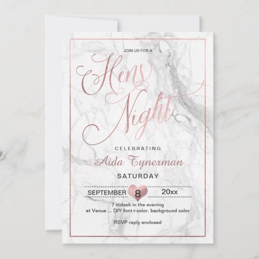 PixDezines Hens Night Imitats Rose Gold Script+Mar Einladung (Vorderseite)