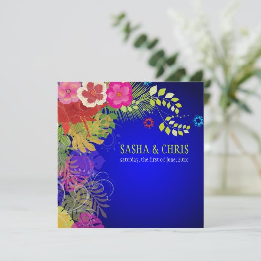 PixDezines Hibiskus+monstera/gelb+fuschia Einladung (Stehend Vorderseite)