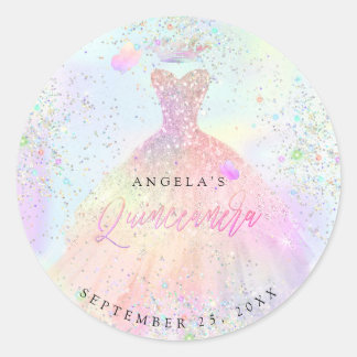 PixDezines Holographic Quinceanera Gown Glitzer Runder Aufkleber