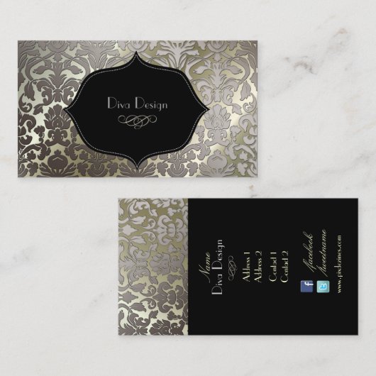PixDezines Imitat Silberflora-Damast/Deuchfarbe Visitenkarte (Vorne/Hinten)