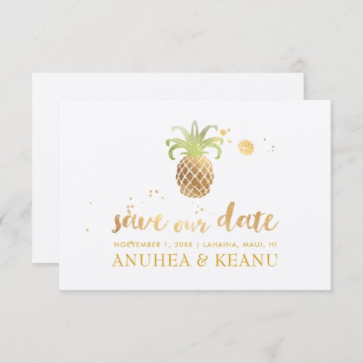 PixDezines Imitate Gold Ananas|Brushscript Schrift Save The Date (Vorne/Hinten)