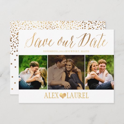 PixDezines Imitate Gold Confetti/Herz/Rett Datum Save The Date (Vorne/Hinten)