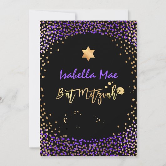 PixDezines Imitate Gold+Lila Confetti Bat Mitzvah Einladung (Vorderseite)