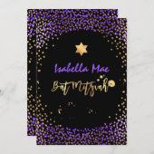 PixDezines Imitate Gold+Lila Confetti Bat Mitzvah Einladung (Vorne/Hinten)