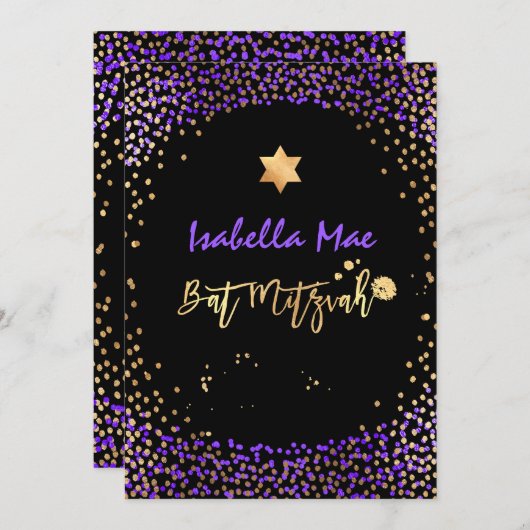 PixDezines Imitate Gold+Lila Confetti Bat Mitzvah Einladung (Vorne/Hinten)