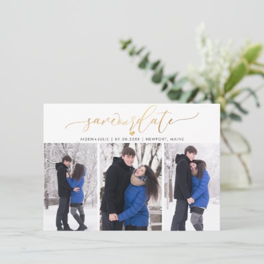 PixDezines Imitate Gold Modernes Pinselskript Save The Date (Stehend Vorderseite)