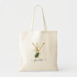 PixDezines Imitate Gold Monogram Tropical Foliage Tragetasche