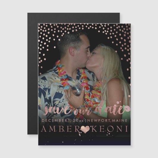 PixDezines Imitate Rose Gold Confetti/Herz/Rett Da Magneteinladung (Vorne/Hinten)