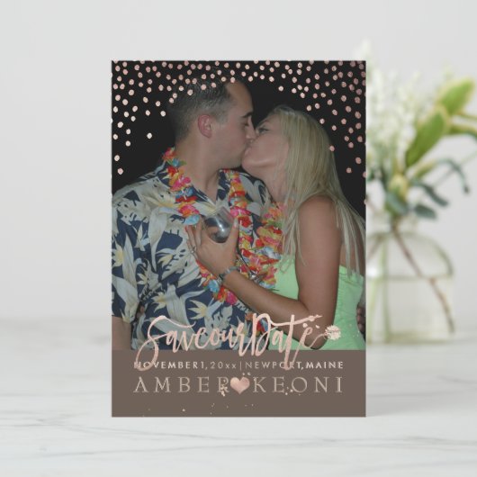 PixDezines Imitate Rose Gold Confetti/Herz/Rett Da Save The Date (Stehend Vorderseite)