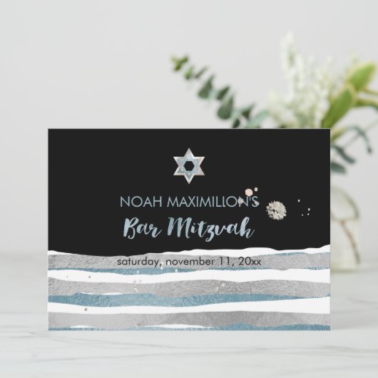 PixDezines Imitate silber/blau/Streifen Bar mitzva Einladung (Stehend Vorderseite)