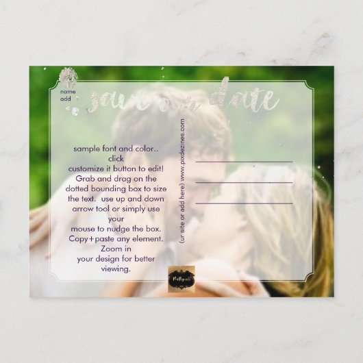 PixDezines-Imitate Silberherz/rett-Datum/DIY-Farbe Ankündigungspostkarte (Rückseite)