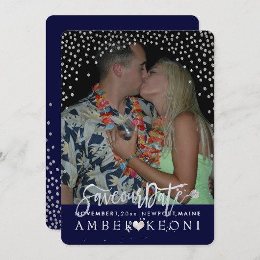 PixDezines Imitate Silver Confetti/Herz/Rett Datum Save The Date (Vorne/Hinten)
