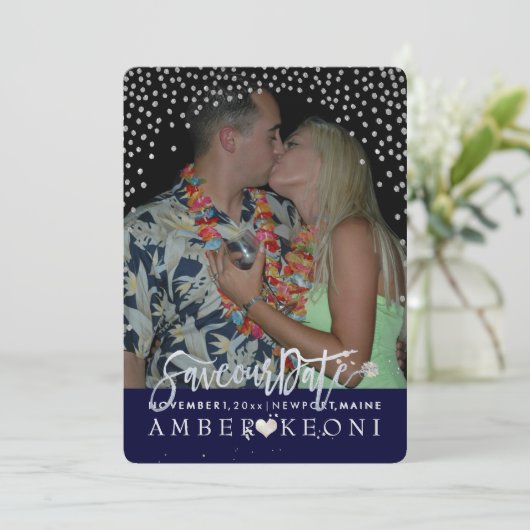 PixDezines Imitate Silver Confetti/Herz/Rett Datum Save The Date (Stehend Vorderseite)