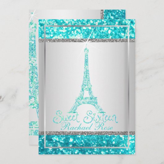 PixDezines Imitats Glitzer eifflel/aqua blau/süß 1 Einladung (Vorne/Hinten)