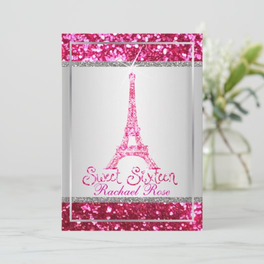 PixDezines Imitats Glitzer eifflel/pink ruby/süß 1 Einladung (Stehend Vorderseite)