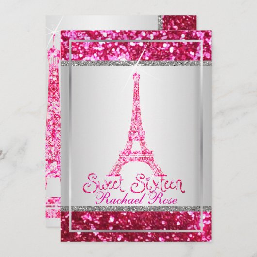 PixDezines Imitats Glitzer eifflel/pink ruby/süß 1 Einladung (Vorne/Hinten)