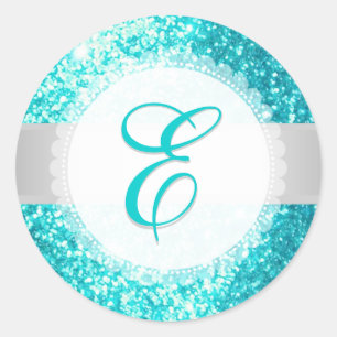 PixDezines IMITATS GLITZER MONOGRAM AQUA BLUE Runder Aufkleber