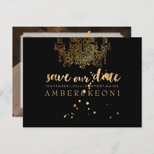 PixDezines Imitats Gold Chadelier/rett unseres Dat Ankündigungspostkarte (Vorne/Hinten)