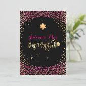 PixDezines Imitats Gold+Hot Pink Confetti Bat Mitz Einladung (Stehend Vorderseite)