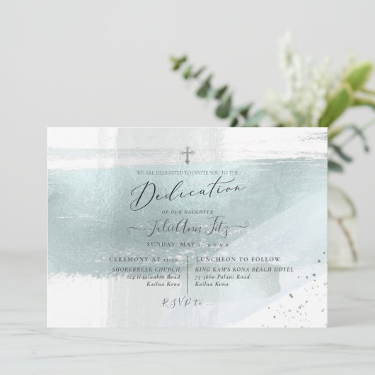 PixDezines Imitats Metallic Dusty Blue Dedication Einladung (Stehend Vorderseite)