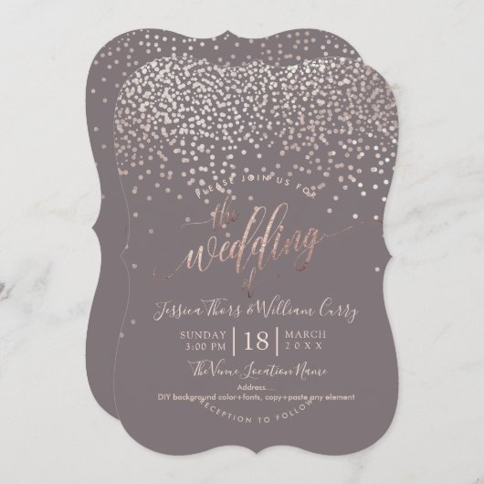 PixDezines Imitats Rose Gold Confetti Hochzeit+UAW Einladung (Vorne/Hinten)