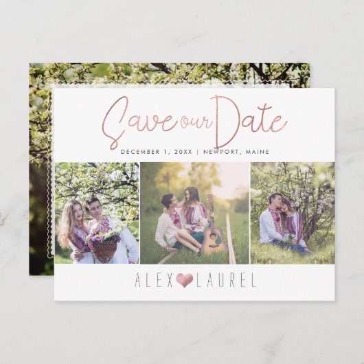 PixDezines Imitats Rose Gold Rettete unser Datum Ankündigungspostkarte (Vorne/Hinten)