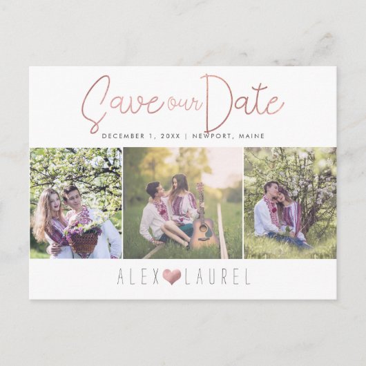 PixDezines Imitats Rose Gold Rettete unser Datum Ankündigungspostkarte (Vorderseite)
