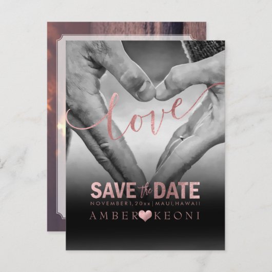 PixDezines Imitats Rose Gold Save the Date/Herz Ankündigungspostkarte (Vorne/Hinten)