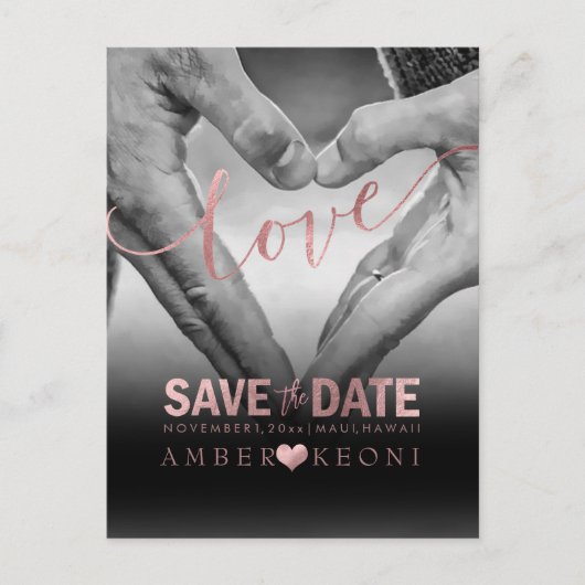 PixDezines Imitats Rose Gold Save the Date/Herz Ankündigungspostkarte (Vorderseite)