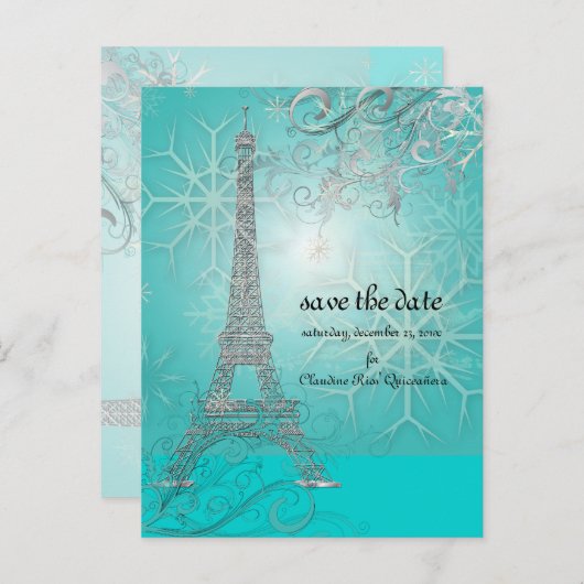 PixDezines Imitats Silver Eiffel Tower/Aquamarin Ankündigungspostkarte (Vorne/Hinten)