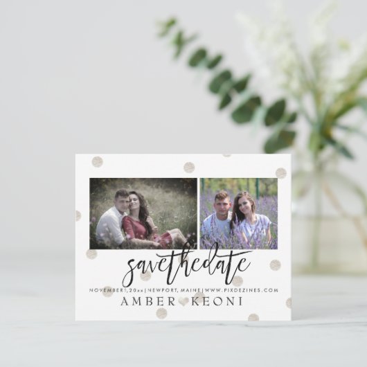 PixDezines Imitats Silver Polka Dots Save the Date (Stehend Vorderseite)