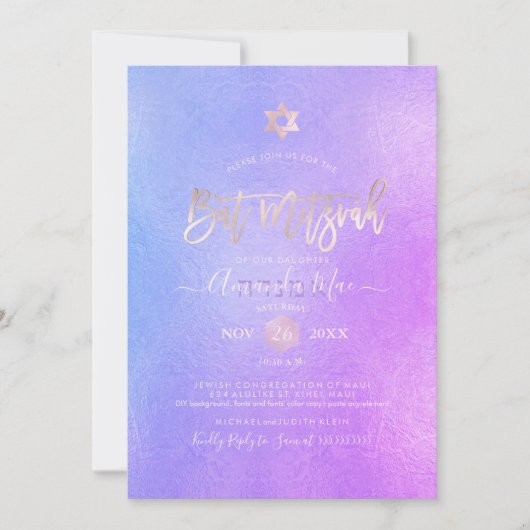 PixDezines Iridescent Lila Ombre Bat Mitzvah Einladung (Vorderseite)