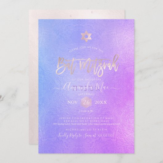 PixDezines Iridescent Lila Ombre Bat Mitzvah Einladung (Vorne/Hinten)